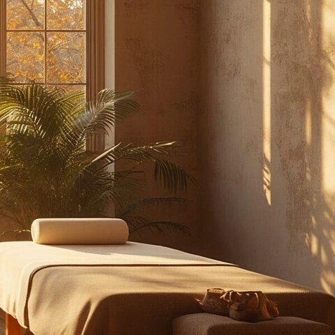 Massage table by the window in the practice room