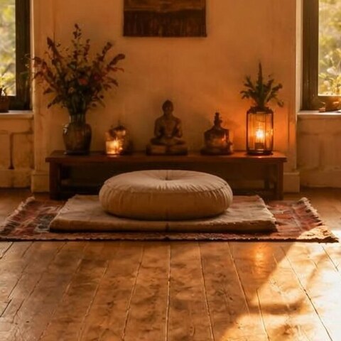 Meditation room with cushions and an altar