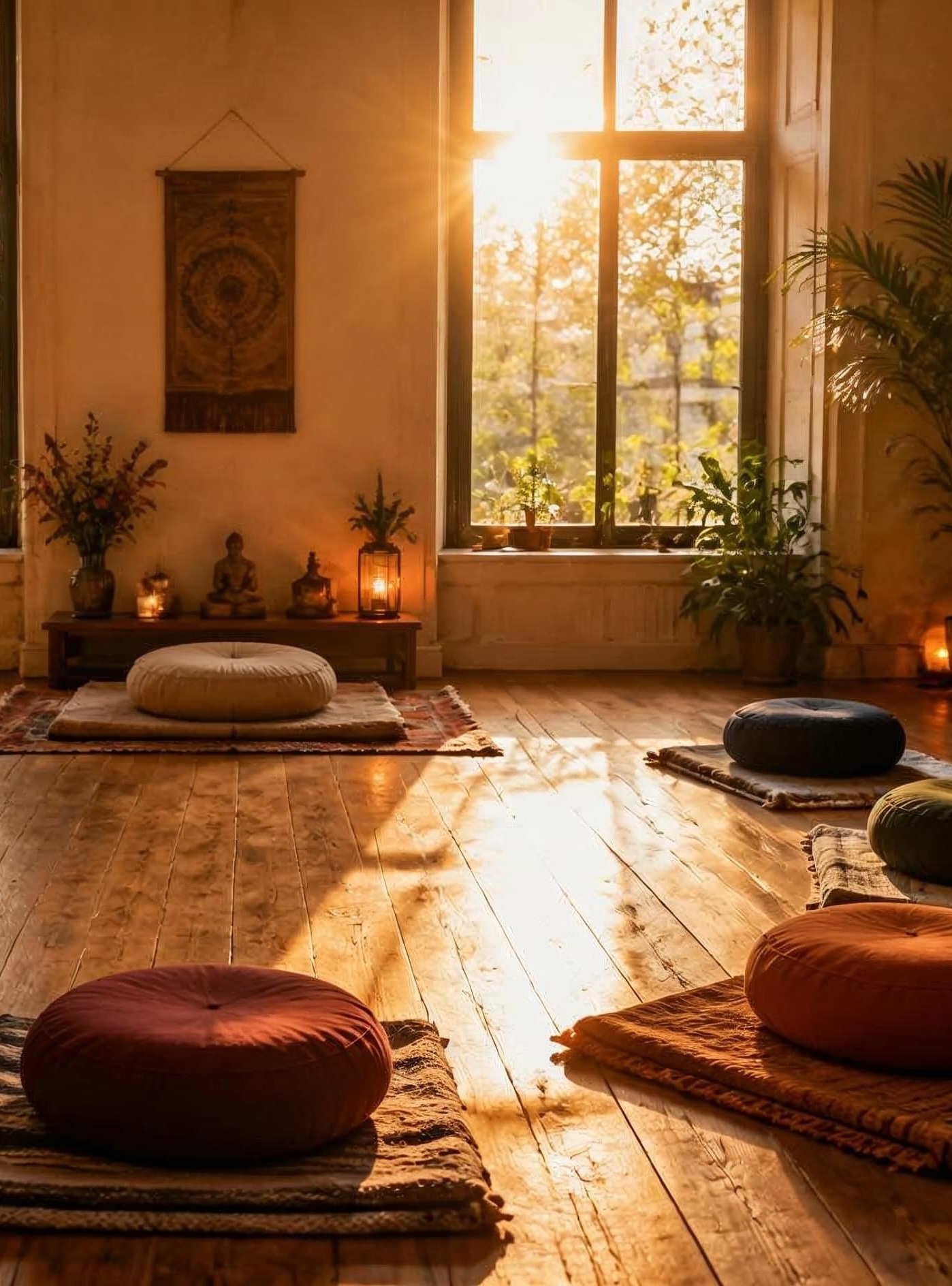 Ruhiger Meditationsraum mit weichem Tageslicht